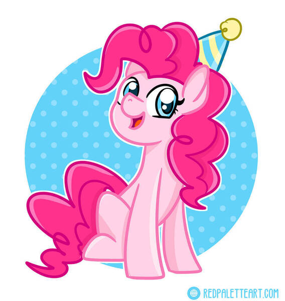 Size: 870x919 | Tagged: safe, artist:redpalette, derpibooru import, pinkie pie, cute, hat, image, jpeg, party, party hat, sitting, smiling