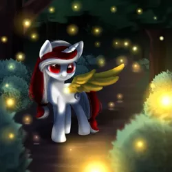 Size: 719x720 | Tagged: safe, artist:tialtri, derpibooru import, oc, oc:sinar bulan indonesia, alicorn, firefly (insect), insect, pony, colored wings, female, forest, hair tie, horn, image, mare, png, shading, smiling, solo, tree, wings