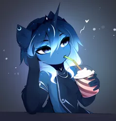 Size: 1909x2000 | Tagged: safe, artist:magnaluna, banned from derpibooru, deleted from derpibooru, derpibooru import, princess luna, alicorn, anthro, cup, drinking, drinking straw, eyebrows, eyebrows visible through hair, female, floating heart, hand on head, heart, image, png, smoothie, solo