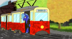 Size: 3508x1881 | Tagged: safe, artist:hrabiadeblacksky, derpibooru import, oc, oc:dayandey, unofficial characters only, earth pony, pony, blue, building, image, png, red, tram, transit, tree