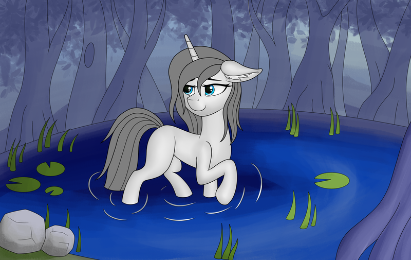 Size: 2961x1869 | Tagged: safe, artist:fess, derpibooru import, pony, unicorn, commission, female, high res, horn, image, mare, png, smiling, solo, tail, water, wet, ych example, ych sketch, your character here