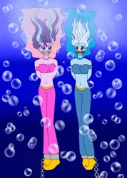 Size: 745x1045 | Tagged: safe, derpibooru import, starlight glimmer, trixie, equestria girls, asphyxiation, ball and chain, bubble, chains, cloth gag, drowning, gag, image, jpeg, looking at each other, looking at someone, ocean, scared, sinking, terrified, underwater, water, worried