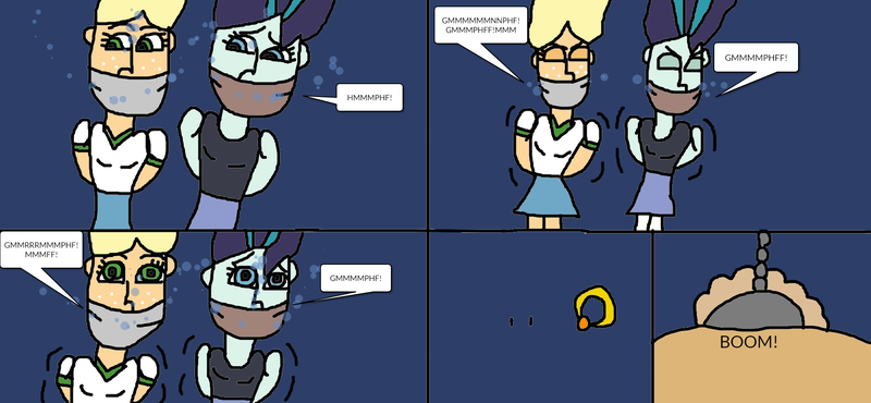 Size: 2019x935 | Tagged: safe, artist:mattjohn1992, derpibooru import, applejack, coloratura, equestria girls, angry, asphyxiation, ball and chain, cloth gag, drowning, gag, image, muffled words, png, rara, scared, sinking, struggling, underwater, worried