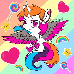 Size: 2411x2410 | Tagged: safe, artist:rainbowwing, derpibooru import, oc, oc:rainbowwing, unofficial characters only, alicorn, :3, alicorn oc, candy, complex background, cute, ear fluff, female, flying, food, hoof shoes, horn, image, lollipop, looking at you, multicolored hair, multicolored mane, multicolored tail, png, solo, spread wings, sticker, tail, wings