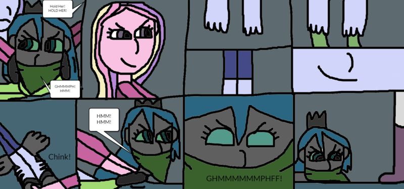 Size: 1619x756 | Tagged: safe, artist:mattjohn1992, derpibooru import, princess cadance, princess luna, queen chrysalis, equestria girls, angry, bondage, bound and gagged, cloth gag, evil grin, feet, gag, glare, grin, image, kidnapped, looking at each other, looking at someone, looking back, looking down, looking up, muffled words, png, queen chrysalis is not amused, smiling, struggling, tied up, unamused