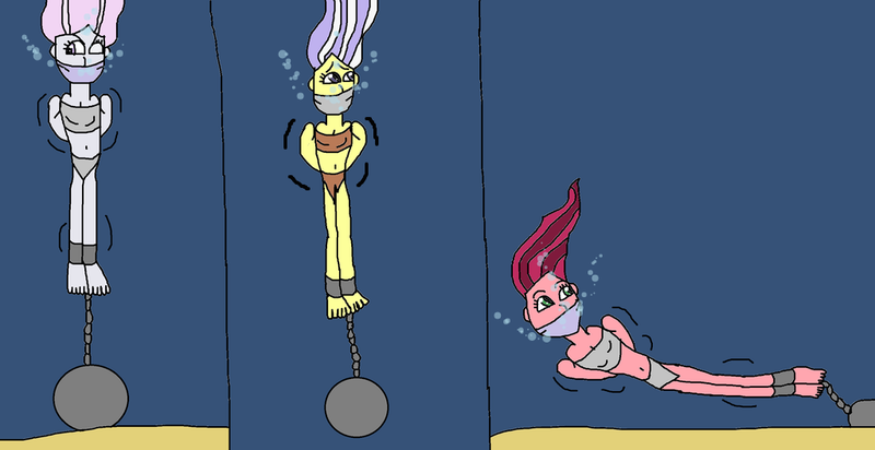 Size: 1024x527 | Tagged: safe, artist:mattjohn1992, derpibooru import, fleur-de-lis, gloriosa daisy, upper crust, equestria girls, asphyxiation, ball and chain, bondage, bound and gagged, cloth gag, danger, drowning, gag, help, image, peril, png, scared, sinking, underwater, worried