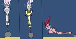 Size: 1024x527 | Tagged: safe, artist:mattjohn1992, derpibooru import, fleur-de-lis, gloriosa daisy, upper crust, equestria girls, asphyxiation, ball and chain, bondage, bound and gagged, cloth gag, danger, drowning, gag, help, image, peril, png, scared, sinking, underwater, worried