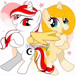 Size: 800x800 | Tagged: safe, artist:doodle.vxe, derpibooru import, oc, oc:juicy pineapple, oc:sinar bulan indonesia, alicorn, pony, unicorn, bipedal, duo, duo female, female, hair tie, horn, image, indonesia, jpeg, looking at each other, looking at someone, mare, open mouth, open smile, smiling, stars, watermark, wings