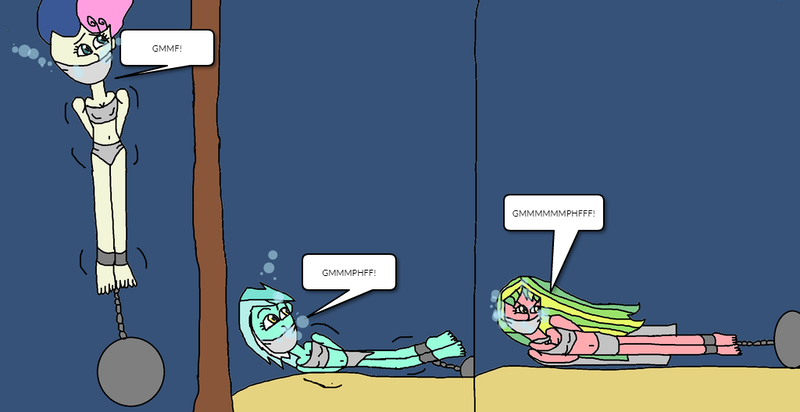 Size: 1024x527 | Tagged: safe, artist:mattjohn1992, derpibooru import, bon bon, lemon zest, lyra heartstrings, sweetie drops, equestria girls, 1000 hours in ms paint, angry, asphyxiation, calling, cloth gag, concerned, drowning, gag, help, image, kidnapped, muffled words, png, scared, sinking, underwater, worried, yelling