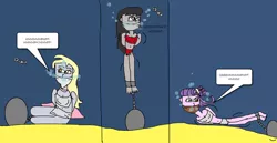 Size: 1024x527 | Tagged: safe, artist:mattjohn1992, derpibooru import, derpy hooves, octavia melody, suri polomare, equestria girls, asphyxiation, ball and chain, cloth gag, drowning, gag, image, muffled words, png, struggling, tied up, underwater