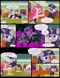 Size: 1042x1358 | Tagged: safe, artist:dendoctor, derpibooru import, doctor whooves, mean twilight sparkle, pinkie pie, queen chrysalis, starlight glimmer, time turner, twilight sparkle, twilight sparkle (alicorn), alicorn, changeling, earth pony, pony, unicorn, comic:clone.., alternate universe, bipedal, blushing, clone, clothes, comic, diner, discorded whooves, female, fire, food, fork, glow, glowing horn, horn, image, jpeg, magic, pancakes, pepper, pinkie clone, plate, salt, taffy