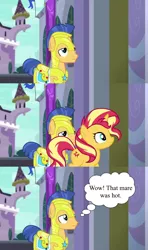 Size: 800x1350 | Tagged: safe, derpibooru import, edit, edited screencap, screencap, flash sentry, sunset shimmer, pegasus, pony, unicorn, equestria girls, equestria girls series, forgotten friendship, armor, canterlot library, female, flashimmer, image, male, mare, missing wing, png, royal guard armor, shipping, stallion, straight, thought bubble