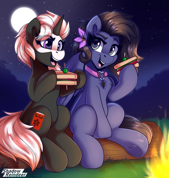 Size: 1800x1890 | Tagged: safe, artist:shadowreindeer, derpibooru import, oc, oc:kennel nightshade, oc:s.leech, unofficial characters only, pegasus, pony, unicorn, campfire, collar, commission, duo, food, image, jpeg, night, sandwich, underhoof