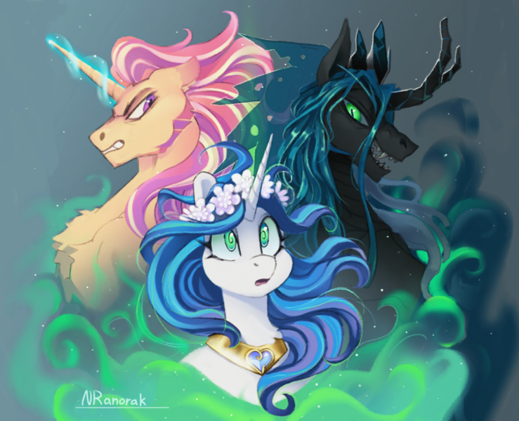 Size: 1330x1080 | Tagged: safe, artist:anoraknr, derpibooru import, princess cadance, queen chrysalis, shining armor, alicorn, changeling, pony, :o, canterlot wedding 10th anniversary, fangs, female, gleaming shield, gritted teeth, image, king metamorphosis, male, mare, open mouth, png, prince bolero, rule 63, sharp teeth, stallion, teeth