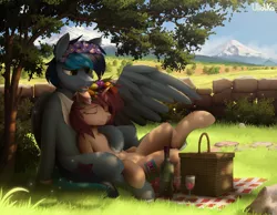 Size: 4500x3500 | Tagged: safe, artist:uliovka, derpibooru import, oc, unofficial characters only, pegasus, pony, unicorn, bottle, cute, female, fence, floral head wreath, flower, glass, image, male, mare, mountain, picnic, picnic blanket, png, scenery, stallion, tree, wine bottle, wine glass