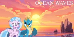 Size: 2064x1049 | Tagged: safe, artist:cloudyglow, artist:dashiesparkle, artist:not-yet-a-brony, derpibooru import, gallus, silverstream, gryphon, hippogriff, beach, friends, friendship, image, movie reference, ocean, ocean waves, png, studio ghibli, sunset, water, youtube link in the description
