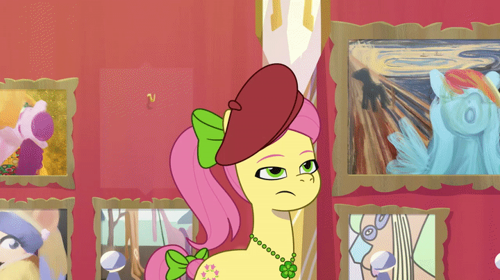 Size: 720x404 | Tagged: safe, derpibooru import, screencap, posey (g5), earth pony, pony, raccoon, snail, my little pony: tell your tale, spoiler:g5, spoiler:my little pony: tell your tale, spoiler:tyts01e08, animated, beatnik, female, fine art parody, g5, gif, hungry for justice, image, mare, mona lisa, museum, open mouth, open smile, picture frame, smiling, the scream, wingding eyes