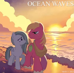 Size: 1679x1655 | Tagged: safe, artist:tonyfleecs, derpibooru import, edit, idw, earth pony, pony, 2022, beach, bittersweet, cropped, female, friends, friendship, heartwarming, image, implied shipping, implied sugarmac, male, mare, may, movie reference, not shipping, ocean, ocean waves, platonic, png, ship sinking, stallion, studio ghibli, sunset, water, youtube link in the description