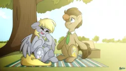 Size: 5000x2813 | Tagged: safe, artist:fluffyxai, derpibooru import, derpy hooves, doctor whooves, time turner, earth pony, pegasus, pony, basket, blushing, chest fluff, doctorderpy, female, image, laughing, male, picnic basket, picnic blanket, png, shipping, straight, tree