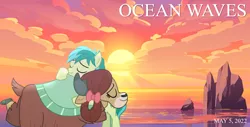 Size: 2064x1049 | Tagged: safe, artist:not-yet-a-brony, derpibooru import, sandbar, yona, earth pony, yak, 2022, beach, friends, friendship, hug, image, may, movie reference, ocean, ocean waves, png, studio ghibli, sunset, water, youtube link in the description
