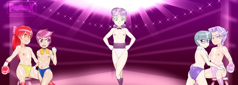 Size: 1280x457 | Tagged: questionable, artist:pugilismx, banned from derpibooru, apple bloom, diamond tiara, scootaloo, silver spoon, sweetie belle, human, boxing, boxing gloves, boxing ring, breasts, clothes, delicious flat chest, female, humanized, image, jpeg, lolicon, partial nudity, sports, sports panties, topless, underage