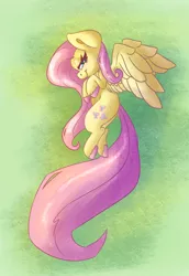 Size: 1024x1489 | Tagged: safe, artist:leadhooves, derpibooru import, fluttershy, pegasus, pony, aside glance, colored hooves, female, hooves to the chest, image, lidded eyes, long tail, looking at you, mare, png, profile, sideways glance, smiling, solo, spread wings, tail, vertical, wings