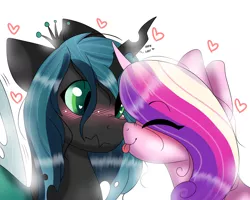 Size: 2500x2000 | Tagged: safe, artist:valkiria, derpibooru import, princess cadance, queen chrysalis, alicorn, blushing, cadalis, canterlot wedding 10th anniversary, crown, cute, derpibooru exclusive, female, heart, horn, image, infidelity, jewelry, lesbian, png, regalia, shipping, simple background, tongue out, white background, wings
