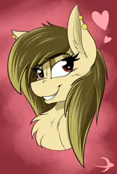 Size: 1125x1672 | Tagged: safe, artist:dangercloseart, derpibooru import, oc, oc:nikki, unofficial characters only, pony, beautiful, brown mane, bust, chest fluff, cute, daaaaaaaaaaaw, ear piercing, female, fluffy, heart, hot, image, jewelry, jpeg, looking at you, mare, ocbetes, piercing, portrait, red background, simple background, smiling