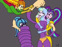 Size: 2048x1536 | Tagged: safe, artist:darktenor5, derpibooru import, adagio dazzle, aria blaze, princess celestia, sonata dusk, equestria girls, fight, gray background, image, jpeg, principal celestia, ready to fight, reference, simple background, spongebob squarepants, stretching, super powers, the dazzlings