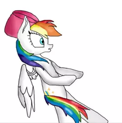 Size: 427x431 | Tagged: safe, artist:ecenazgalaxy, derpibooru import, oc, oc:lucky star, unofficial characters only, pegasus, pony, bipedal, bow, falling, female, hair bow, image, jpeg, mare, multicolored hair, rainbow hair, simple background, white background, wings