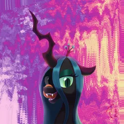 Size: 1000x1000 | Tagged: safe, alternate version, artist:crystalightrocket, derpibooru import, queen chrysalis, changeling, changeling queen, abstract background, bust, canterlot wedding 10th anniversary, error, eyelashes, eyeshadow, fangs, female, glitch, horn, image, jewelry, jpeg, looking at you, makeup, regalia, sharp teeth, solo, teeth, tongue out
