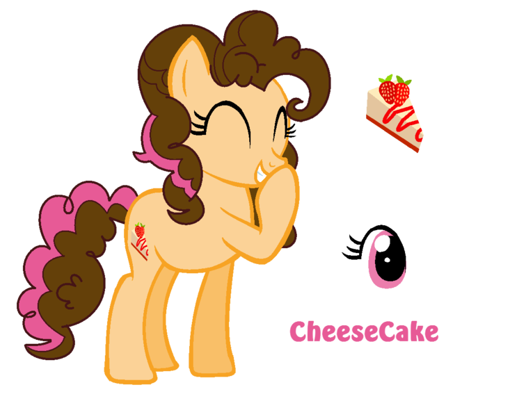 Size: 1156x946 | Tagged: safe, artist:martulove-chan, derpibooru import, oc, oc:cheesecake, unofficial characters only, earth pony, pony, cake, cheesecake, eyes closed, female, food, giggling, image, mare, offspring, parent:cheese sandwich, parent:pinkie pie, parents:cheesepie, png, smiling, strawberry