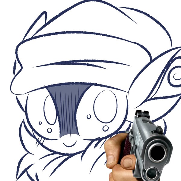 Size: 2048x2048 | Tagged: safe, artist:berrysoda10, derpibooru import, winter sprite, them's fightin' herds, community related, delet this, gun, hand, handgun, image, irl, jpeg, looking at you, monochrome, photo, smiling, weapon