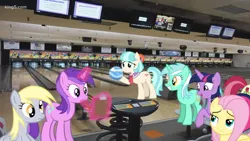 Size: 1140x641 | Tagged: safe, derpibooru import, amethyst star, coco pommel, derpy hooves, fluttershy, lyra heartstrings, roseluck, twilight sparkle, earth pony, pegasus, pony, unicorn, 1000 hours in paint.net, bowling alley, bowling ball, image, irl, photo, png, ponies in real life