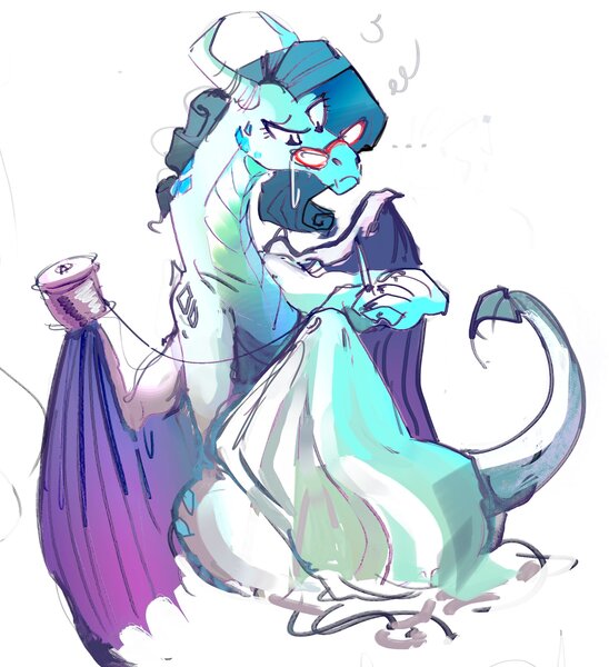 Size: 1938x2120 | Tagged: safe, artist:alumx, derpibooru import, rarity, dragon, dragon wings, dragoness, dragonified, fabric, female, glasses, image, jpeg, raridragon, rarity's glasses, sewing, sewing needle, simple background, solo, species swap, spool, thread, white background, wings