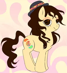 Size: 1801x1980 | Tagged: safe, artist:relighted, derpibooru import, earth pony, pony, bowler hat, brown eyes, brown mane, curly mane, female, gradient, gradient background, hat, image, lidded eyes, mare, png, smiling, tail, wavy hair, wavy mane, wavy tail