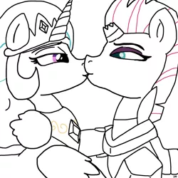 Size: 2048x2048 | Tagged: safe, artist:darktenor5, derpibooru import, princess celestia, tempest shadow, alicorn, pony, unicorn, female, image, jpeg, kissing, lesbian, lidded eyes, looking at each other, looking at someone, shipping, squint, tempestia