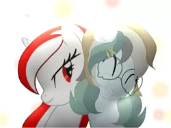 Size: 719x538 | Tagged: safe, artist:be_yourself, derpibooru import, oc, oc:altersmay earth, oc:sinar bulan indonesia, alicorn, pegasus, pony, duo, duo female, eyes closed, female, glasses, grin, image, looking at each other, looking at someone, mare, older altersmay earth, png, simple background, smiling, smiling at each other, unamused, white background