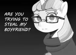 Size: 2986x2160 | Tagged: safe, artist:applephil, derpibooru import, moondancer, ponified, pony, unicorn, black and white, clothes, female, glasses, gradient background, grayscale, image, jpeg, mare, monochrome, solo, sweater, talking to viewer, turtleneck, yandere
