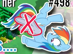 Size: 638x470 | Tagged: safe, derpibooru import, rainbow dash, pegasus, pony, female, game, gameloft, image, jpeg, lying down, mare, maze, multicolored hair, on back, rainbow hair, wingless, wings