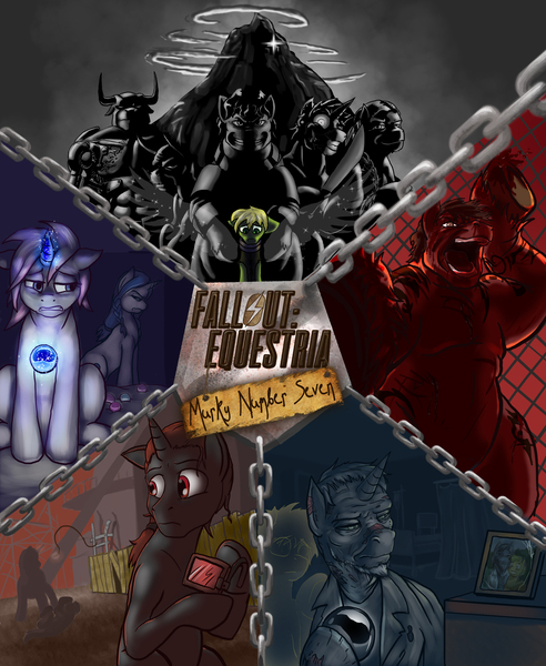 Size: 1913x2331 | Tagged: semi-grimdark, artist:mistermech, derpibooru import, oc, oc:big brutus, oc:brimstone blitz, oc:chainlink shackles, oc:coral eve, oc:dr. weathervane, oc:glimmerlight, oc:grindstone, oc:murky, oc:protege, oc:sooty morass, oc:sundial, oc:wildcard, oc:wildcard (mn7), unofficial characters only, earth pony, ghoul, minotaur, pegasus, pony, undead, unicorn, fallout equestria, fallout equestria: murky number seven, fanfic, clothes, cover art, fanfic art, fanfic cover, female, image, jpeg, male, mare, memory orb, murkylight, poster, slaver, stallion