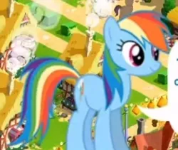 Size: 264x223 | Tagged: safe, derpibooru import, rainbow dash, earth pony, pony, dialogue, earth pony rainbow dash, female, game, gameloft, image, jpeg, mare, multicolored hair, ponyville, race swap, rainbow hair, smiling, speech bubble, text, wingless