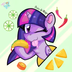 Size: 1270x1270 | Tagged: safe, artist:rainbow eevee, derpibooru import, twilight sparkle, alicorn, pony, my little pony: pony life, :3, bust, chest fluff, chilli, chips, cinco de mayo, digital art, eyelashes, female, folded wings, food, hoof hold, image, lime, nachos, one eye closed, png, sauce, smiling, solo, taco, tongue out, wings