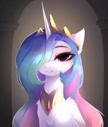 Size: 2202x2580 | Tagged: safe, artist:magnaluna, derpibooru import, princess celestia, alicorn, pony, beautiful, bust, female, hair over one eye, image, looking at you, mare, png, portrait, pretty, solo