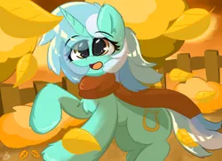 Size: 2000x1454 | Tagged: safe, artist:grithcourage, derpibooru import, lyra heartstrings, pony, unicorn, autumn, chest fluff, clothes, cute, female, fence, image, leaf, png, running, scarf, signature, solo, solo female