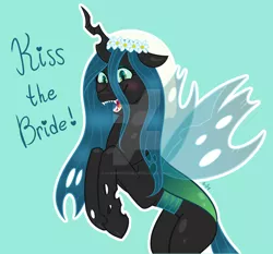 Size: 1920x1786 | Tagged: safe, artist:cherrycandi, derpibooru import, queen chrysalis, changeling, changeling queen, a canterlot wedding, bipedal, blushing, canterlot wedding 10th anniversary, female, happy, image, jpeg, obtrusive watermark, raised hoof, raised hooves, simple background, solo, veil, watermark