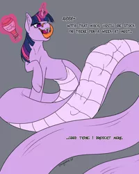 Size: 3000x3749 | Tagged: suggestive, artist:hellonurse, derpibooru import, twilight sparkle, human, lamia, original species, pony, unicorn, bottle, commission, endosoma, female, forked tongue, gray background, heart eyes, image, lamiafied, levitation, licking, licking lips, long tail, long tongue, love potion, magic, monologue, non-fatal vore, open mouth, png, ponies eating humans, potion, simple background, soft vore, species swap, tail, tail bulge, talking, telekinesis, tongue out, twilamia, vore, wingding eyes