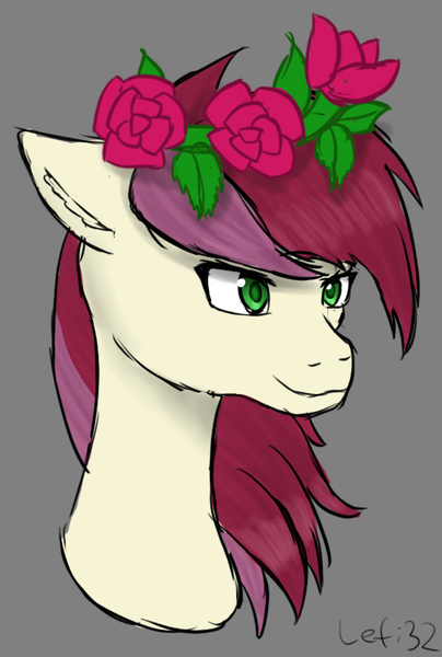 Size: 552x820 | Tagged: safe, artist:lefi32, derpibooru import, roseluck, earth pony, pony, bust, colored sketch, female, floral head wreath, flower, gray background, green eyes, image, jpeg, leaves, mare, rose, signature, simple background, sketch, smiling, solo