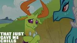 Size: 1280x720 | Tagged: safe, derpibooru import, edit, edited screencap, editor:quoterific, screencap, princess ember, thorax, changedling, changeling, dragon, season 7, triple threat, dragoness, duo, duo male and female, female, grin, image, jpeg, king thorax, looking at each other, looking at someone, male, smiling, smiling at each other, text