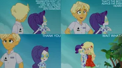 Size: 1280x720 | Tagged: safe, derpibooru import, edit, edited screencap, editor:quoterific, screencap, applejack, ragamuffin (equestria girls), rarity, equestria girls, equestria girls series, spring breakdown, spoiler:eqg series (season 2), eyes closed, female, geode of shielding, geode of super strength, image, magical geodes, male, open mouth, open smile, png, smiling, text, trio
